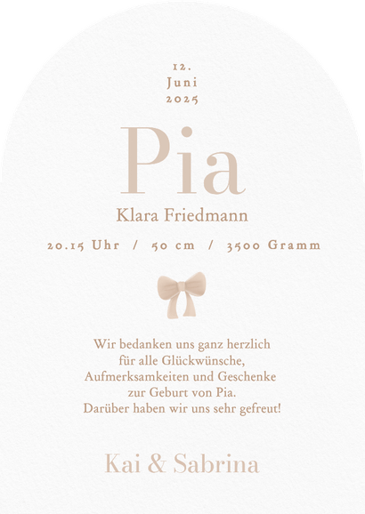 Geburtskarte Bogenform Foto Bogenfenster Schleife Rückseite