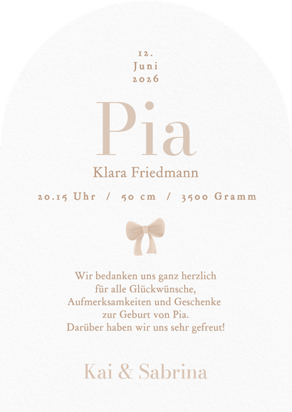 Geburtskarte Bogenform Foto Bogenfenster Schleife Rückseite