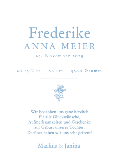 Geburtskarte Oval englische Rose in blau  Rückseite