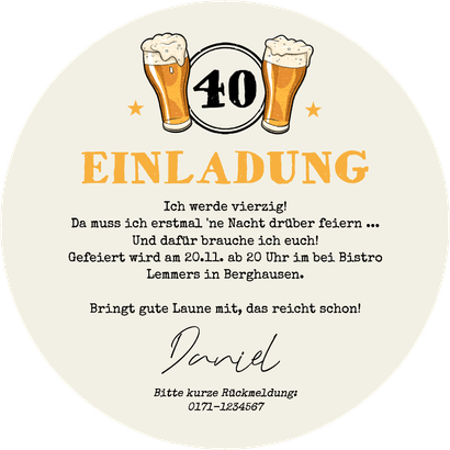 Geburtstagseinladung Bierdeckel-Optik rund Rückseite