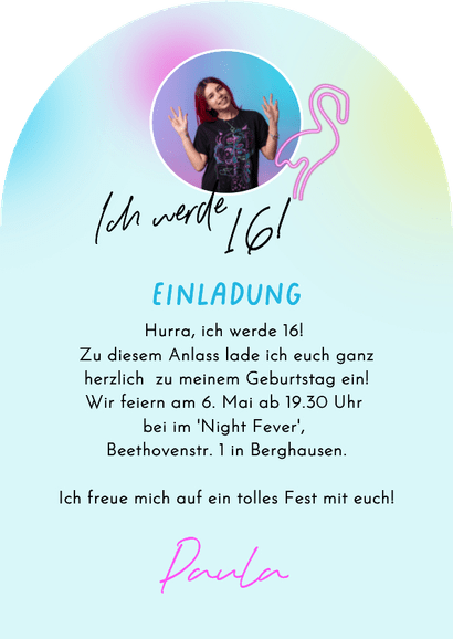 Geburtstagseinladung Bogen Neonlicht 'Let's Party' 16 Jahre Rückseite