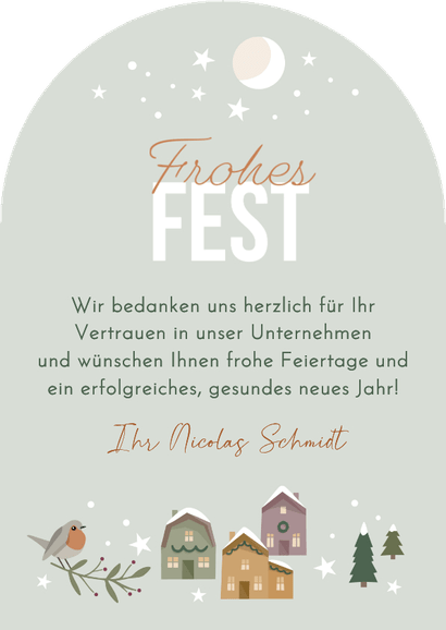 Geschäftliche Weihnachtskarte Häuser im Winter Rückseite