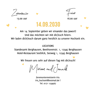 Hochzeitseinaldung Herzkarte Ehepaar 'Game over' mit Gold Rückseite