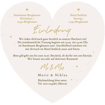 Hochzeitseinladung Herzform 'We do!' Goldschrift Rückseite
