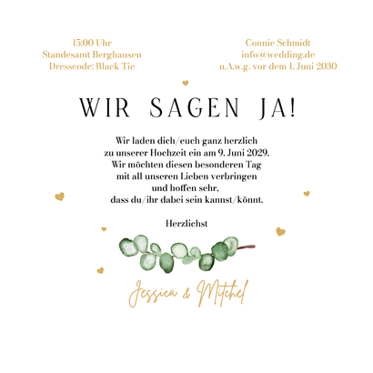 Hochzeitseinladung Herzkarte Eukalyptuszweige Aquarell Rückseite