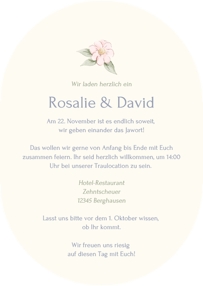 Hochzeitseinladung Oval Blumenkranz mit Schleife Vintage Rückseite