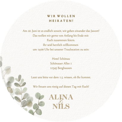 Hochzeitseinladung runde Karte Auqarell Eukalyptuskranz Rückseite