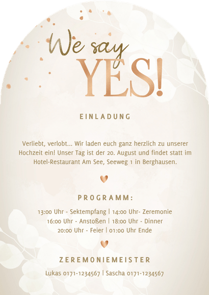 Hochzeitskarte Bogenform Botanisch Foto Kupferherzen Rückseite