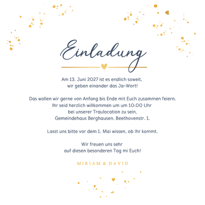 Hochzeitskarte Herzform 'We do!' Blau mit Gold Rückseite