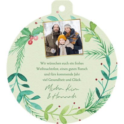 Kugelform-Weihnachtskarte Weihnachtskranz Aquarell Rückseite