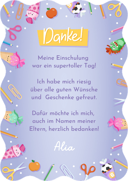 Lila Foto-Danksagung 1. Schultag Wellenform bunte Symbole Rückseite