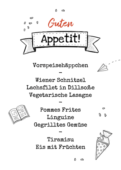 Menükarte 1. Schultag lustiger gelber Bleistift Rückseite