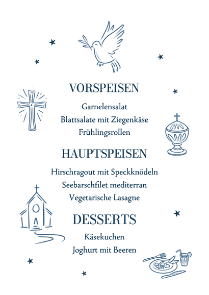 Menükarte Bogen Taufe blaue Wasserfarbe Silber Rückseite