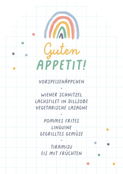 Menükarte Einschulung Foto, Regenbogen & Doodles Rückseite