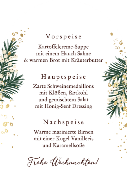 Moderne Menükarte zum Weihnachtsessen Aquarell & Beeren Rückseite