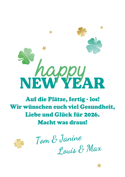 Neujahrskarte Bogenform Foto mit Glücksklee Rückseite
