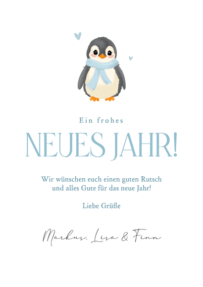 Neujahrskarte Pinguin mit Schal hellblau 2027 Rückseite