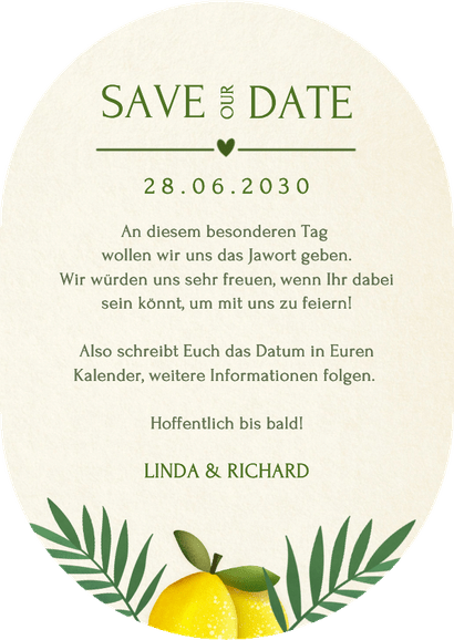Ovale Save-the-Date-Karte Zitronen Sommer Hochzeit Rückseite