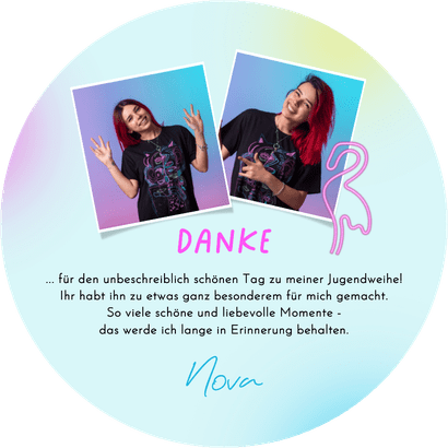 Runde Dankeskarte Jugendweihe Neonlook Rückseite