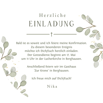 Runde Einladung Konfirmation Eukalyptusblätter Rückseite