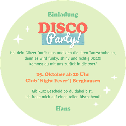 Runde Einladungskarte bunte Discokugel mit Foto Rückseite