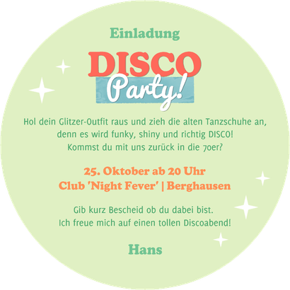 Runde Einladungskarte bunte Discokugel mit Foto Rückseite