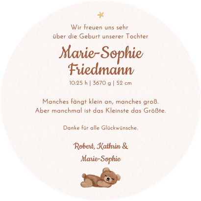 Runde Geburtskarte Foto Teddybär Mond und Sterne Rückseite