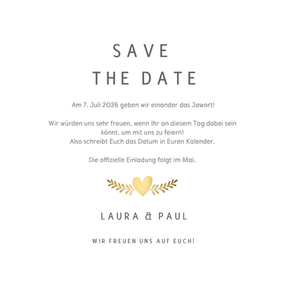 Runde Save-the-Date-Karte Hochzeit Tauben und Herz Rückseite