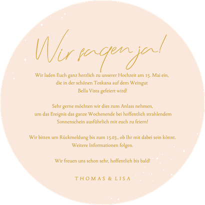 Runde Save-the-Date-Karte Orangenblüten Hochzeitsreise Rückseite