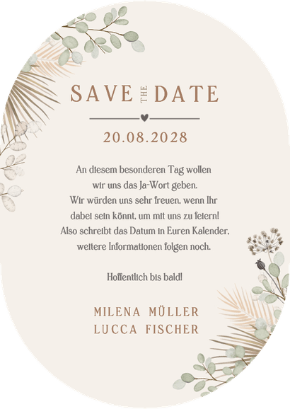 Save-the-date Oval Hochzeit Trockenblumen Rückseite