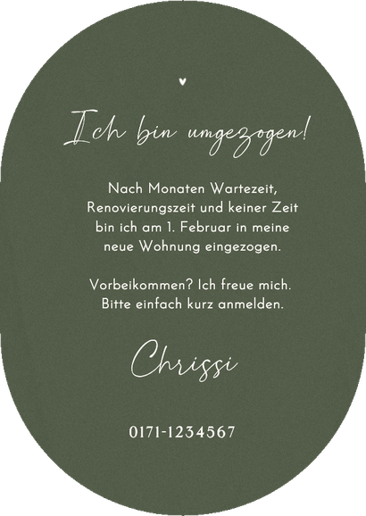 Umzugskarte Hände mit Schlüsselbund olivgrün Rückseite