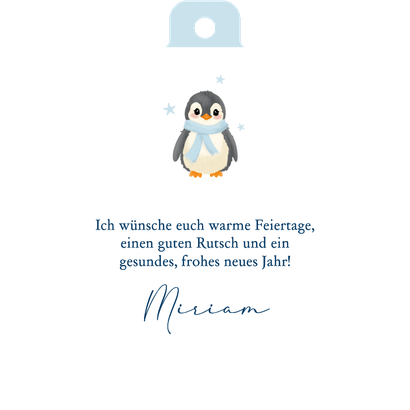 Weihnachtsgrußkarte runde Form Pinguin Rückseite