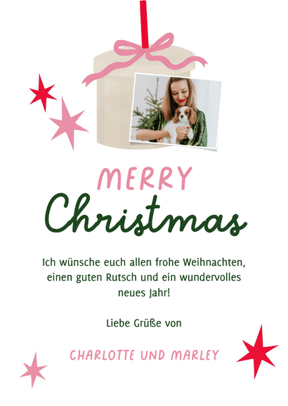 Weihnachtskarte Bogen Fotocollage grün gestreift Geschenk Rückseite