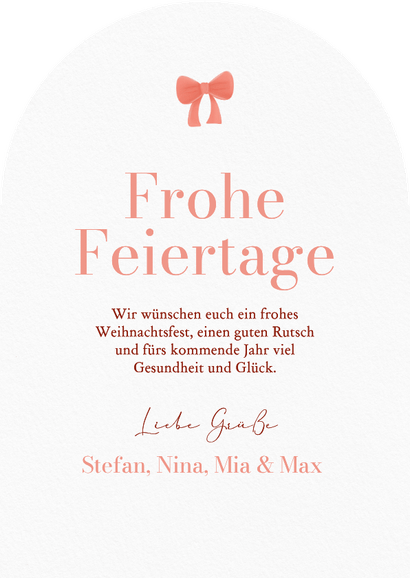 Weihnachtskarte Bogenform Foto und rote Schleife Rückseite