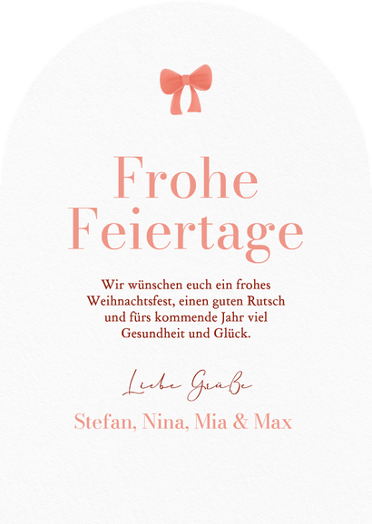 Weihnachtskarte Bogenform Foto und rote Schleife Rückseite