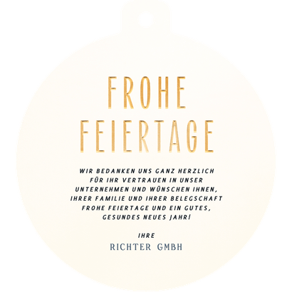 Weihnachtskarte Christbaumkugel-Form 'Frohe Feiertage' Rückseite
