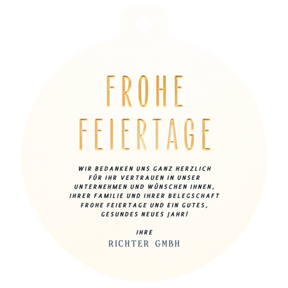 Weihnachtskarte Christbaumkugel-Form 'Frohe Feiertage' Rückseite