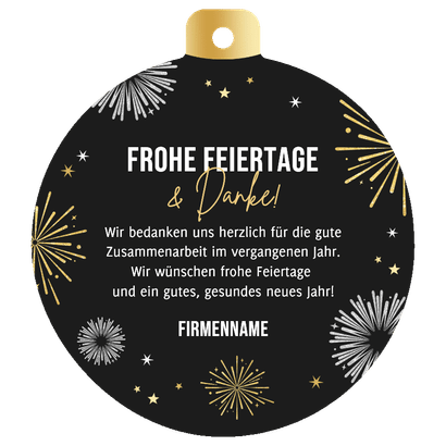 Weihnachtskarte Danke Weihnachtskugel mit Logo und Feuerwerk Rückseite