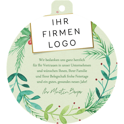 Weihnachtskarte Firma Weihnachtskugelform Kranz Rückseite