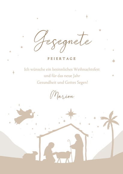 Weihnachtskarte Krippe Bogenkarte Sternenhimmel beige Rückseite