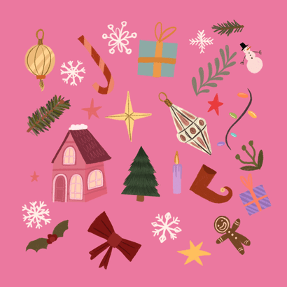 Weihnachtskarte pink bunte Ornamente Rückseite