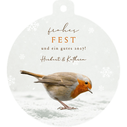 Weihnachtskarte Rotkehlchen Weihnachtskugelform Schnee Rückseite