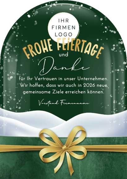 Weihnachtskarte Schneekugel mit Foto goldene Schleife Bogen Rückseite