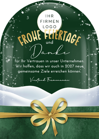 Weihnachtskarte Schneekugel mit Foto goldene Schleife Bogen Rückseite