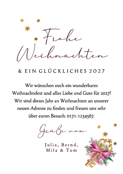 Weihnachtskarte Umzug zu Weihnachten Schlüssel mit Schleife Rückseite