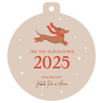 Weihnachtskugel Grußkarte Dackel mit Schal und Socken Rückseite