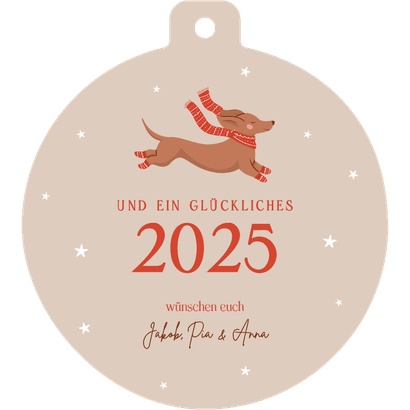 Weihnachtskugel Grußkarte Dackel mit Schal und Socken Rückseite