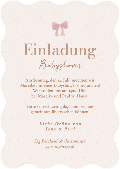 Wellenkarte Einladung Babyshower Teddybär rosa Luftballons Rückseite
