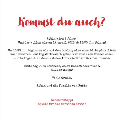 9. Kindergeburtstag Bowling Einladung mit Foto 3
