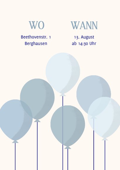 Babyshower Einladungskarte blaue Luftbllons auf Beige 2